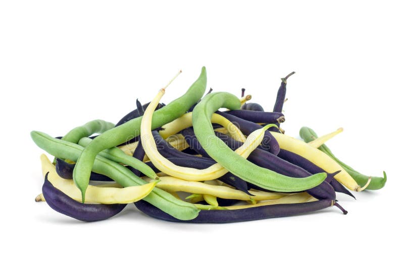 Purple, green and yellow Wax Snap Beans on the white background