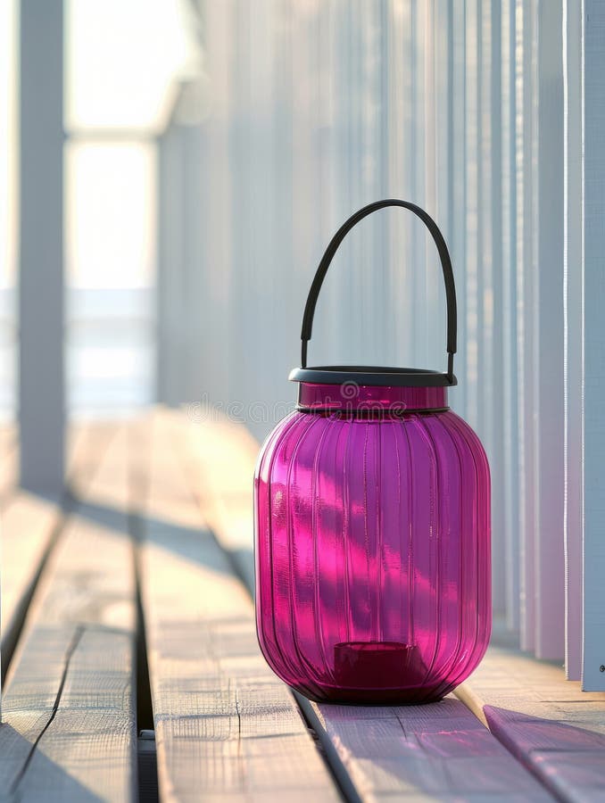 Purple lantern on a wooden walkway in sunlight with shadows. stock image