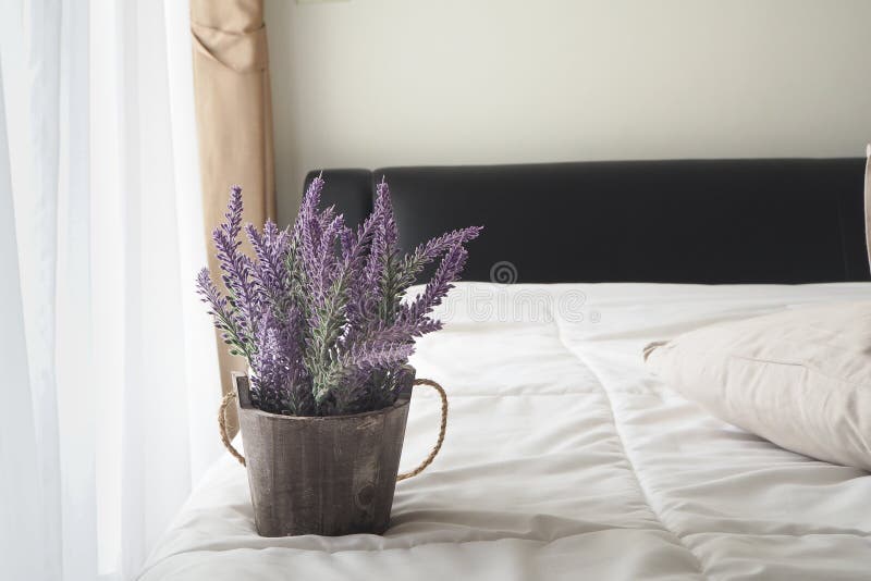 The Bed with Purple Lavender Flower and Pink Rose on Flower Pot. Stock Photo Image of