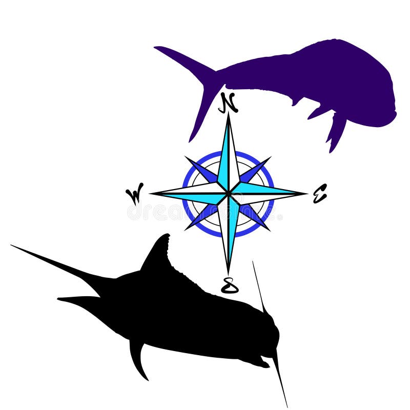 Mahi and Marlin Silhouette and Compass Stock Vector Illustration of