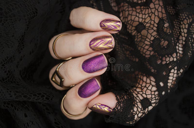 Purple Matte Manicure with Gold Abstraction. Holiday Rich Nail Gel Design  Stock Image - Image of bright, manicure: 235043453
