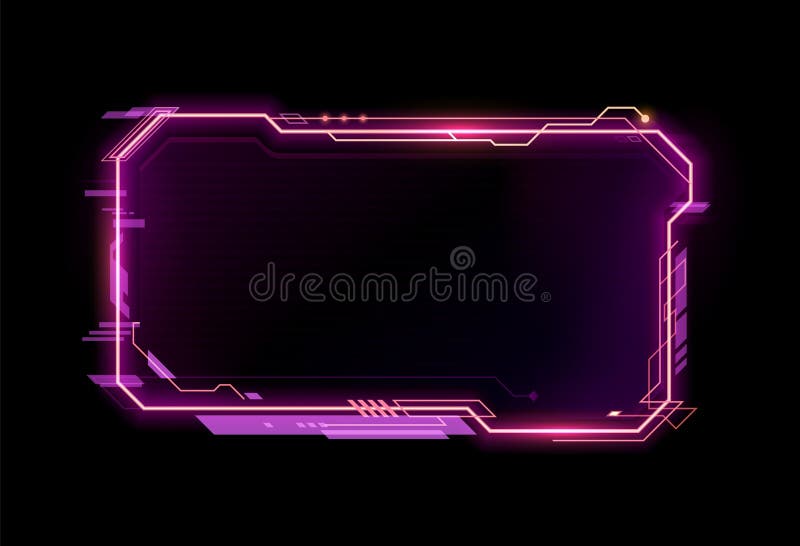 Purple neon game frame, HUD information call box stock illustration