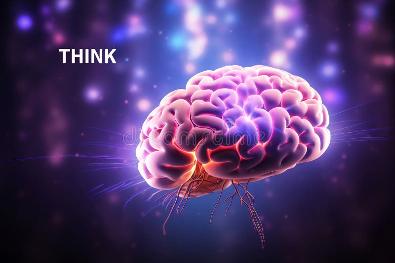 Purple neon human brain showing intelligent thinking, processing through the concept of a neural network circuit of big data and stock illustration