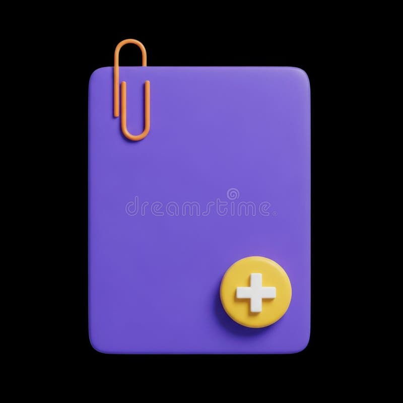 Purple note with paperclip and plus button stock image
