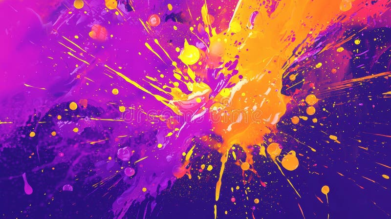 Purple, orange, and yellow paint exploding against a dark background creating a vibrant and energetic abstract stock photography
