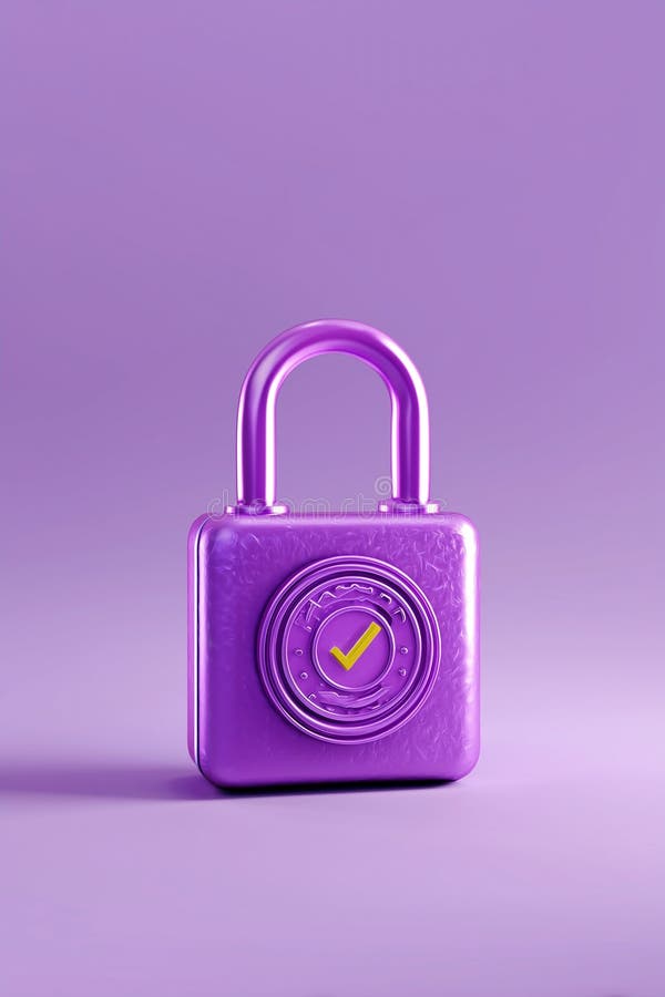 Purple padlock with a yellow checkmark symbolizing secure validation, set against a matching backdrop for enhanced data protection royalty free illustration