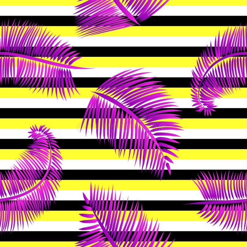 Purple Palm Leaves Seamless Pattern On Yellow Black And White Striped Background Stock Illustration Illustration Of Beauty Pattern