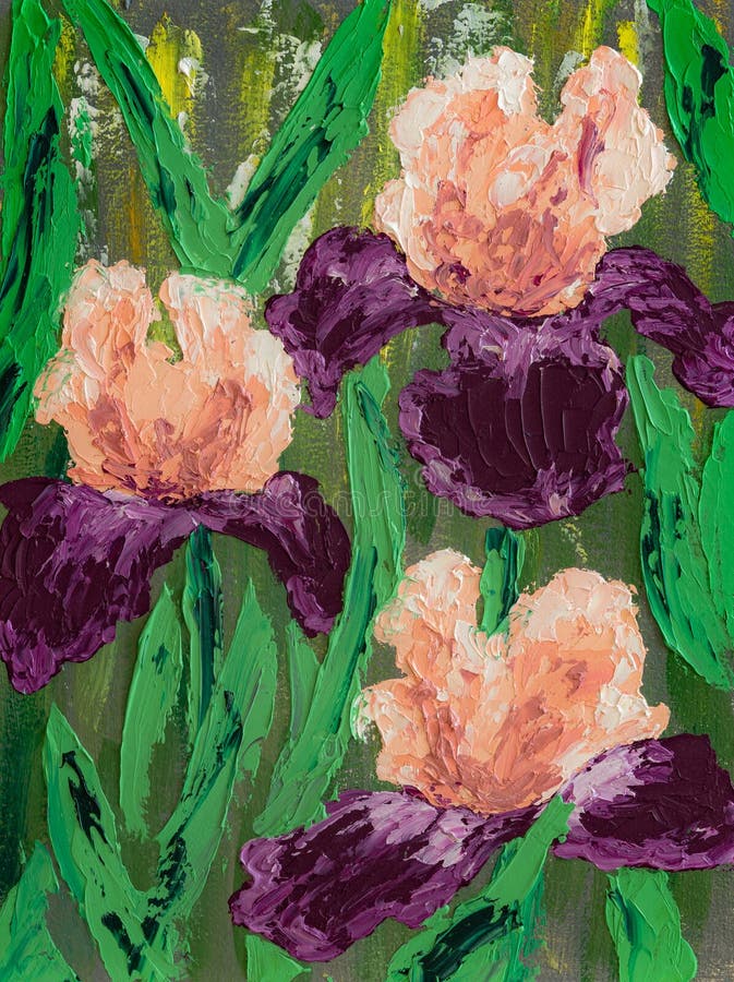 Purple and Pink Irises, Oil Painting Stock Illustration - Illustration ...