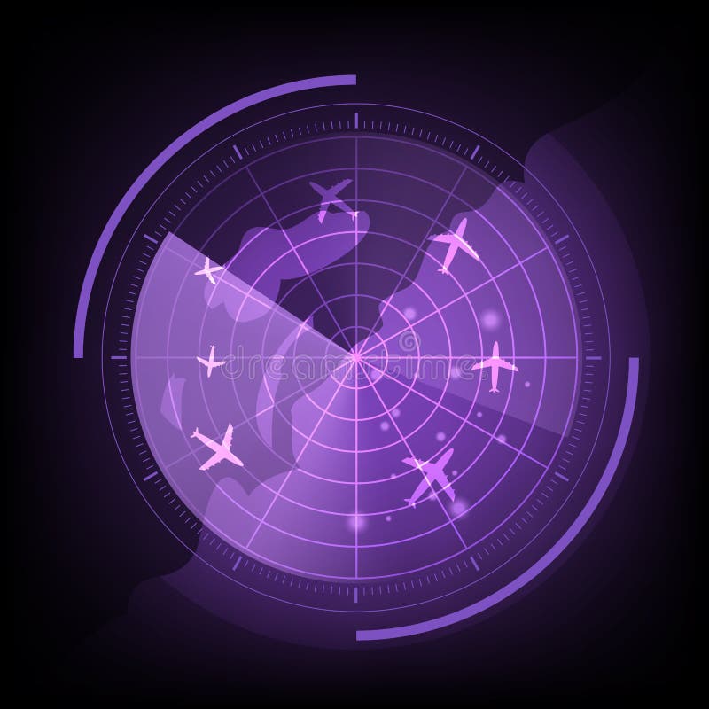 Purple Radar Screen with Airplane and Map Stock Vector Illustration