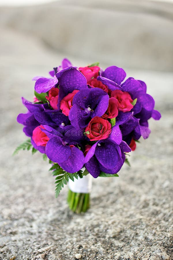 Purple and Red Flowers Wedding Bouquet on the Beach Stock Image Image