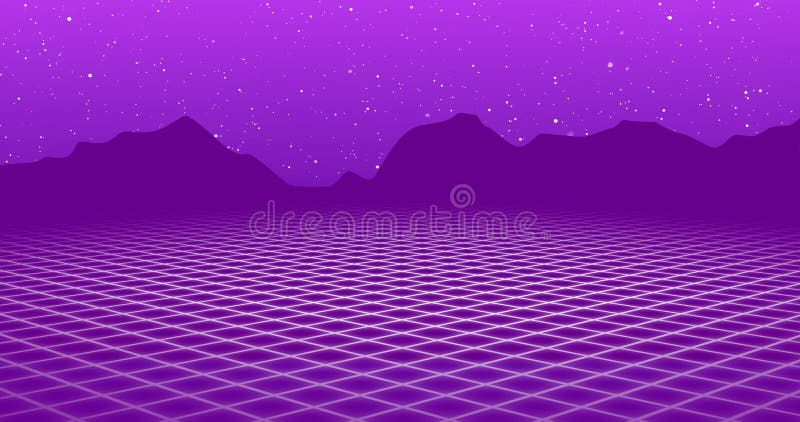 Purple retro videogame style background. Graphic animation, digital landscape. 80s design 4k vector illustration