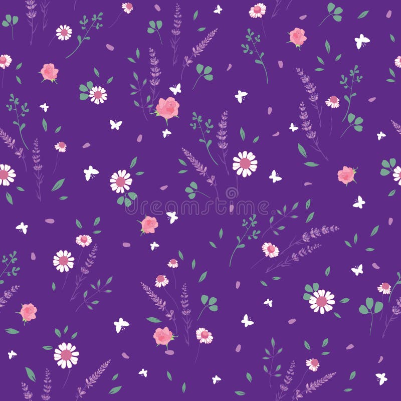 Purple roses daisies ditsy seamless pattern. Great for retro summer fabric, scrapbooking, giftwrap, and wallpaper design projects. Surface pattern design.