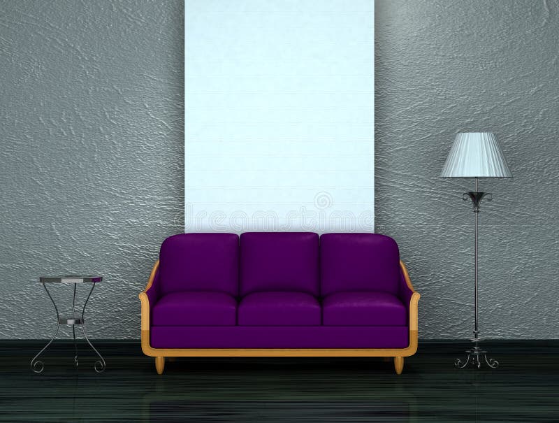 Purple sofa with table and stand lamp royalty free illustration