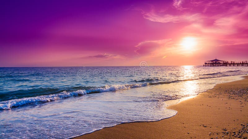 Purple Sunset on the Beach in Tropical Resort Stock Photo - Image of  summer, horizon: 198458536