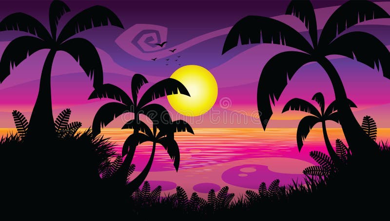 Sunset Cartoon Flat Design stock illustration. Illustration of island -  195313847