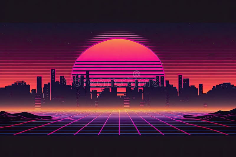 Purple Sunset Over the City in Retrowave Style. Generative Ai Stock ...