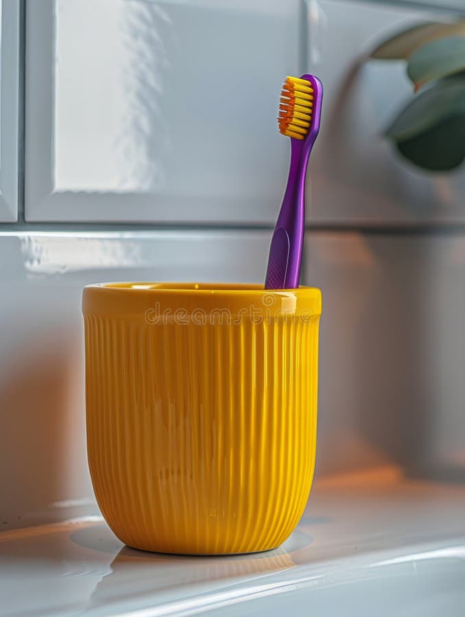 Purple toothbrush in a yellow ceramic cup on a bathroom counter royalty free stock photos