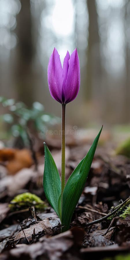 Purple Tulip in Forest Setting Dew Kissed Petals und Dunkler Boden lizenzfreie abbildung
