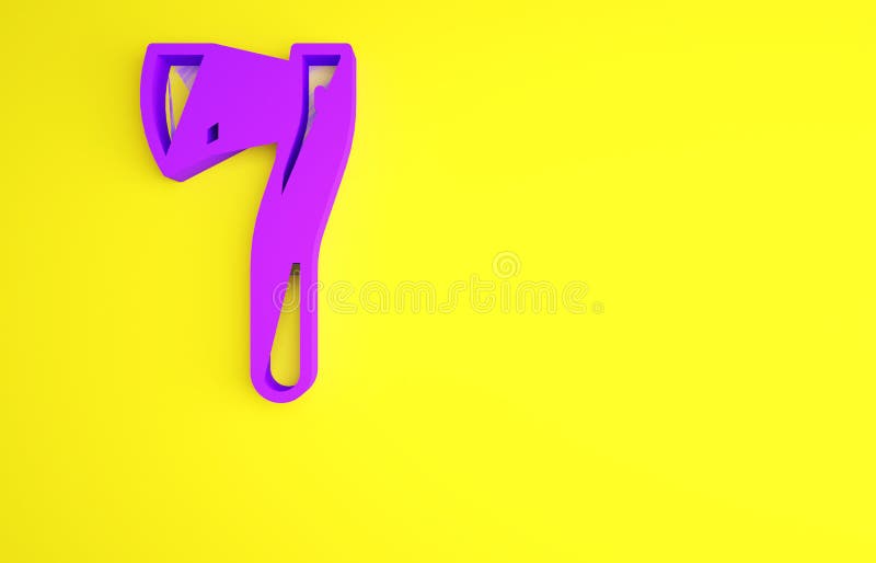 Purple Wooden axe icon isolated on yellow background. Lumberjack axe. Minimalism concept. 3d illustration 3D render.