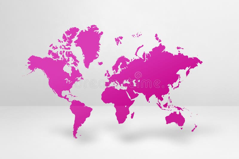 Purple World Map On White Wall Background 3d Illustration Stock