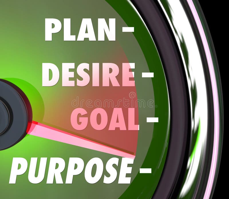 Purpose word on a speedometer or gauge with needle rising past Plan, Desire and Goals as steps to measure meaning and success rate of your mission. Purpose word on a speedometer or gauge with needle rising past Plan, Desire and Goals as steps to measure meaning and success rate of your mission