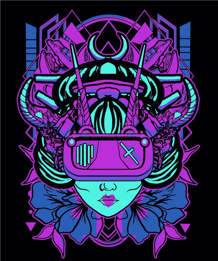 Purpurowa Geisha cyberpunk z cyberpunkiem royalty ilustracja Purpurowa Geisha cyberpunk z cyberpunkiem royalty ilustracja