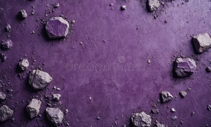 Purpurowa powierzchnia skalna z wieloma małymi skałami. Ai generowane z ciemnofioletowego tła charakteryzuje się rozłożonym układem małych, nieregularnie ukształtowanych skał w różnych odcieniach szarości i czerni, tworząc poczucie głębi i tekstury.