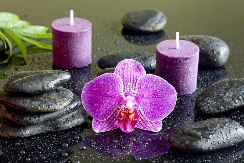 Purpurowy storczykowy świeczek i zen kamieni zdroju pojęcie zdjęcia stock
