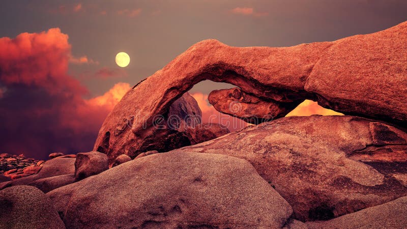 Purpurroter Sonnenuntergang und steigender Mond in Joshua Tree National Park, USA lizenzfreies stockbild Purpurroter Sonnenuntergang und steigender Mond in Joshua Tree National Park, USA lizenzfreies stockbild