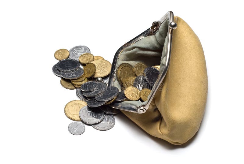 Purse and coins on a white background