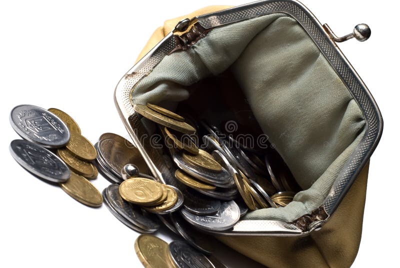 Purse and coins on a white background