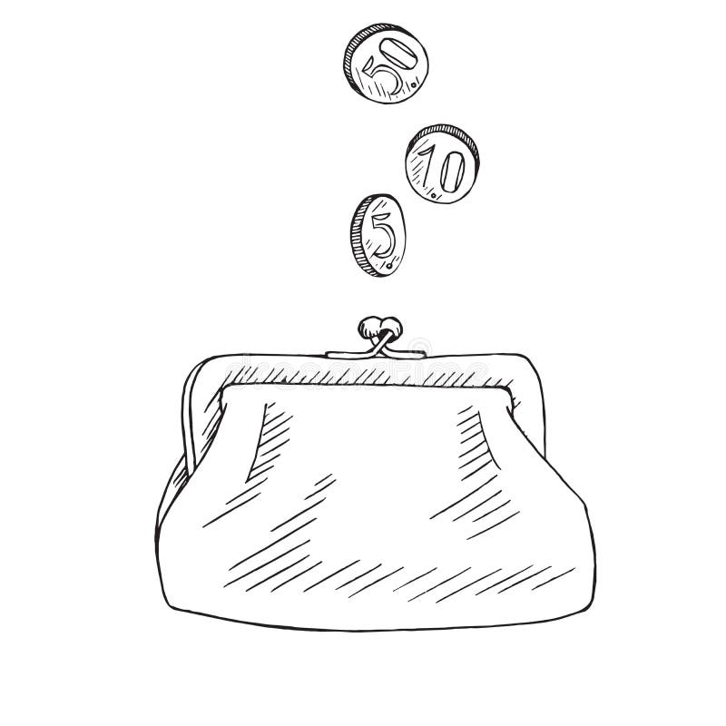 Purse with Coins Pour into it, Hand Drawn Doodle Sketch, Isolated Vector  Stock Vector - Illustration of isolated, metal: 187932291