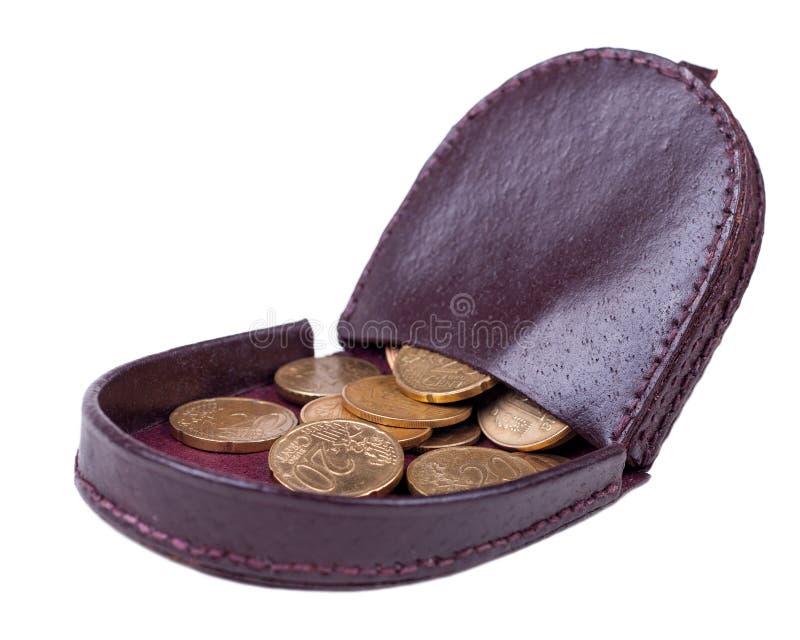 Vintage stile brown leather purse with coins inside. Close-up. Isolated on white background.