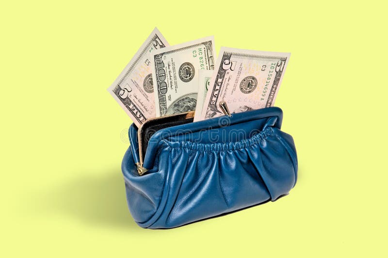 Blue purse with money in dollars as a fan. Blue purse with money in dollars as a fan