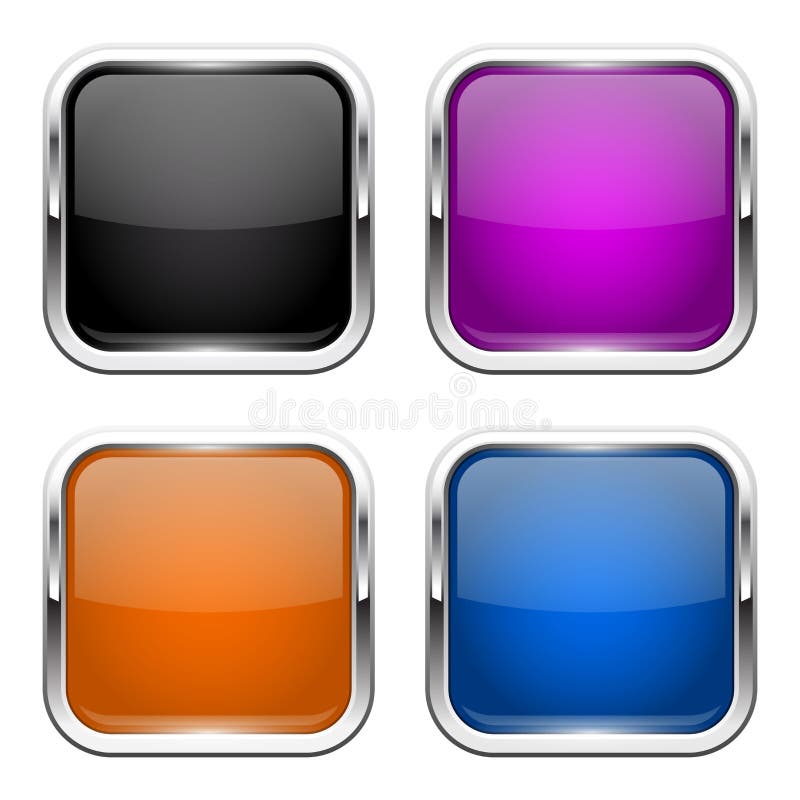 Push buttons. Glass colored square icons with chrome frame vector illustration