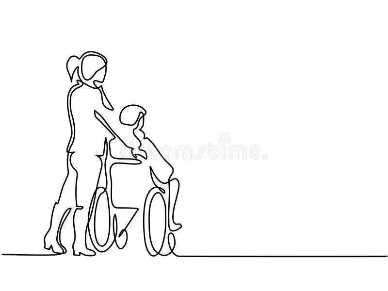 Push för ung kvinna gamala mannen på rullstolen stock illustrationer Push för ung kvinna gamala mannen på rullstolen stock illustrationer