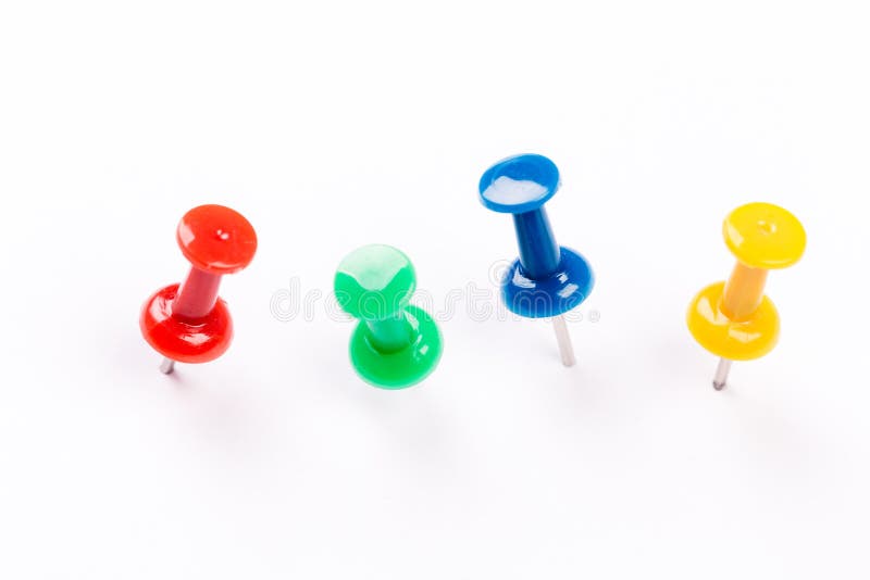 Push pins isolated on white background. Set of colorful push pins isolated on white background