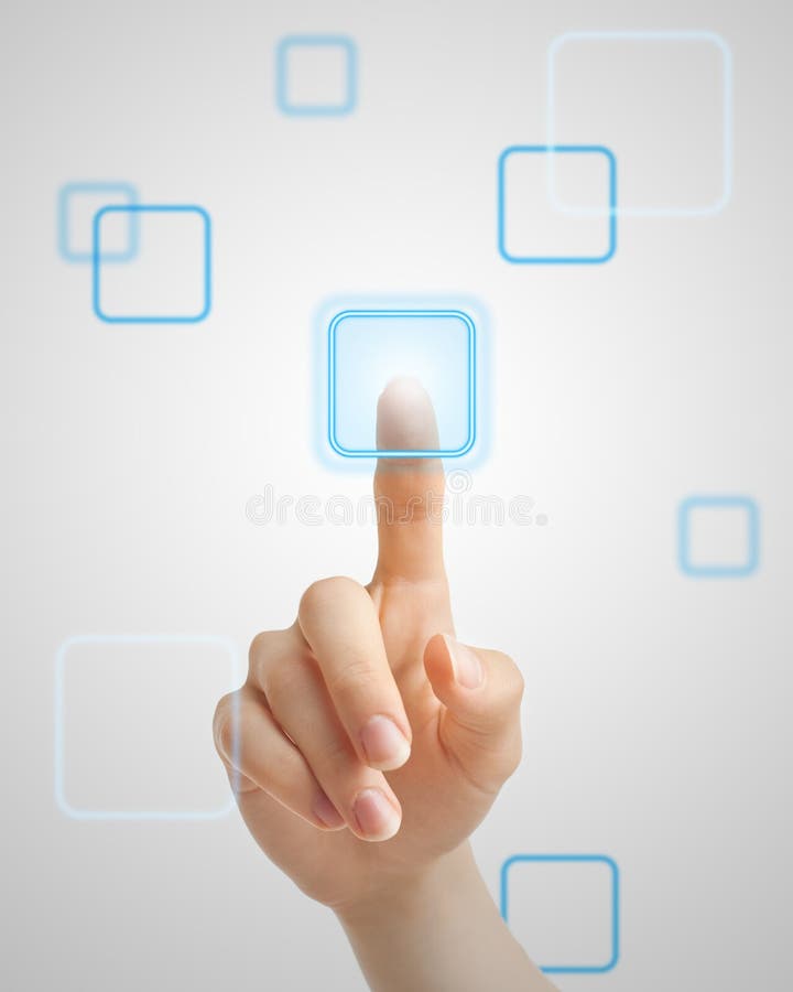Hand touching holographic button on futuristic screen. Tech fingerprint stock images, royalty-free photos and pictures