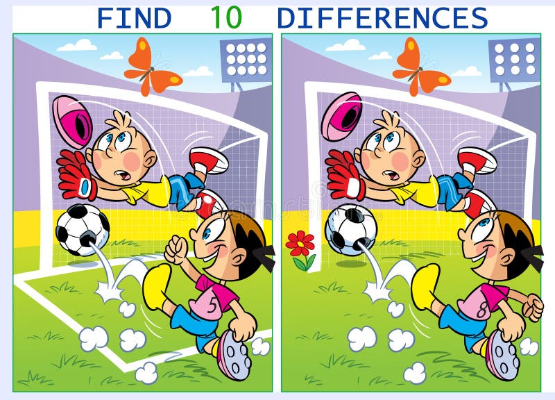 On vector illustration children play football. Puzzle find ten differences in the pictures of sports. On vector illustration children play football. Puzzle find ten differences in the pictures of sports