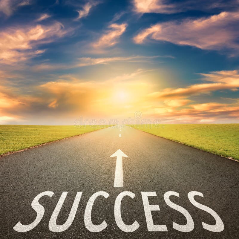 Driving on an empty asphalt road towards the setting sun and sign which symbolizing success. Concept for success. Driving on an empty asphalt road towards the setting sun and sign which symbolizing success. Concept for success.