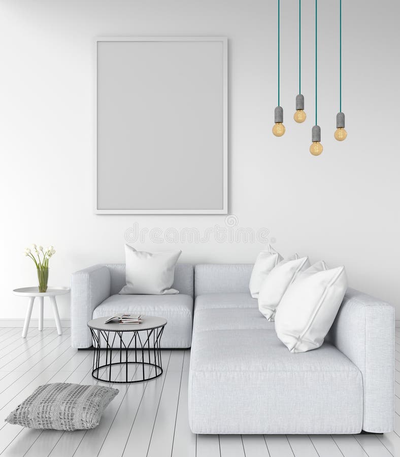 Pusta fotografii rama dla mockup na ścianie w żywym pokoju, 3D rendering ilustracja wektor Pusta fotografii rama dla mockup na ścianie w żywym pokoju, 3D rendering ilustracja wektor