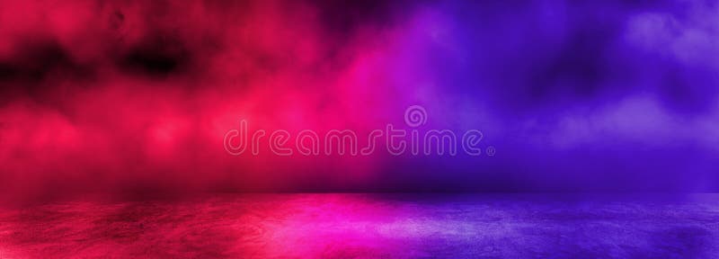 Empty space of Studio dark room with white fog and lighting effect red and blue on concrete floor gradient background for interior decoration. Empty space of Studio dark room with white fog and lighting effect red and blue on concrete floor gradient background for interior decoration.