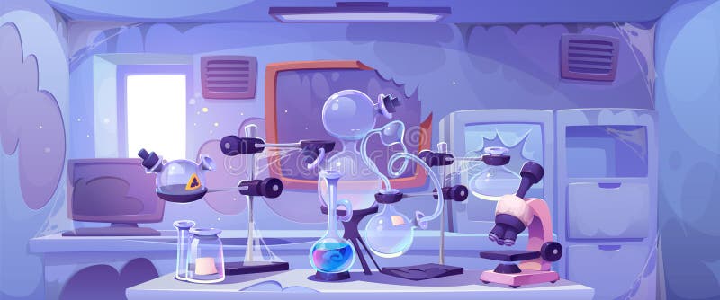 Puste opuszczone i uszkodzone laboratorium chemiczne. ilustracji
