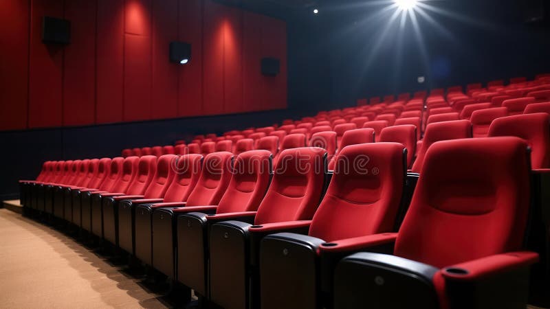 Pustego kina z rzędami czerwonych siedzeń i światłem reflektora świecącym na ekranie przed. zdjęcia royalty free
