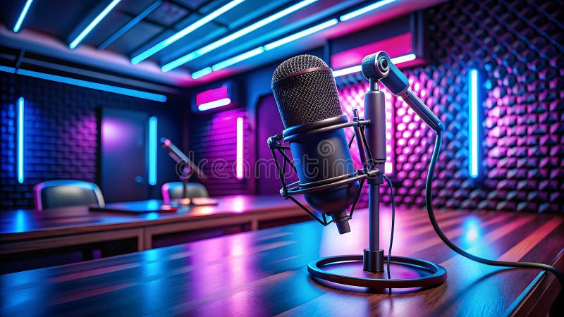 Pustego wnętrza podcast studio bez osób wewnątrz neon oświetlenia zdjęcia royalty free