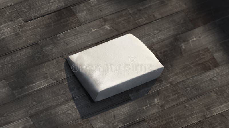 Pusty brezentowy kieszonki lying on the beach na drewnianym podłogowym mockup, głębia pole, 3d rendering Opróżnia małą skrzynkę na posadzkowym tło egzaminie próbnym w górę Jasny magazyn z suwaczkiem dla kosmetyka Bawełniany beautician szablon