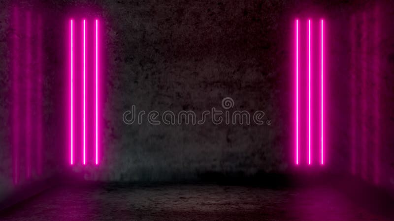 Pusty ciemny abstrakcjonistyczny pokój z różowymi fluorescencyjnymi neonowymi światłami