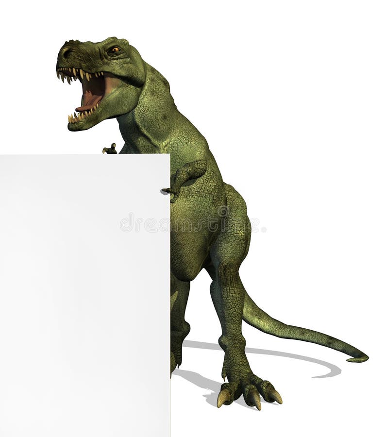 A Tyrannosaurus Rex dinosaur standing by the edge of a blank sign - 3D render. A Tyrannosaurus Rex dinosaur standing by the edge of a blank sign - 3D render.