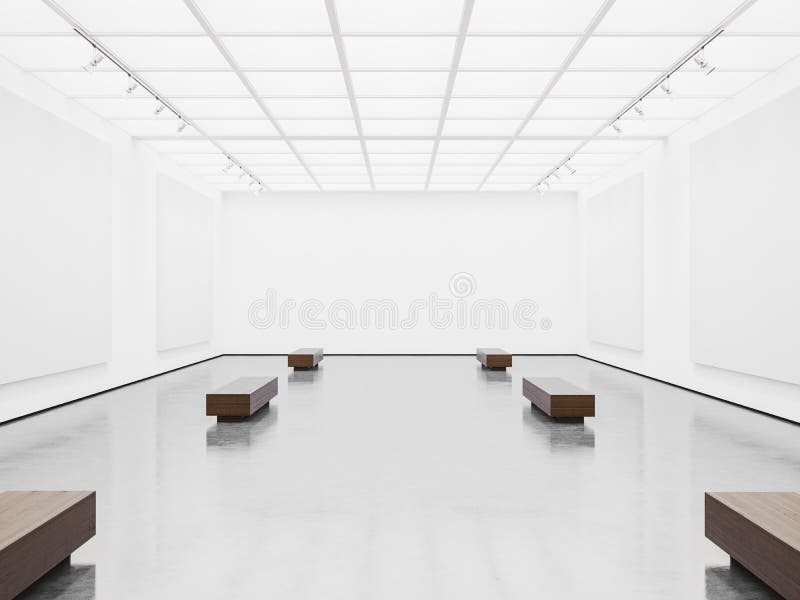 Pusty galerii wnętrze z białą kanwą 3d