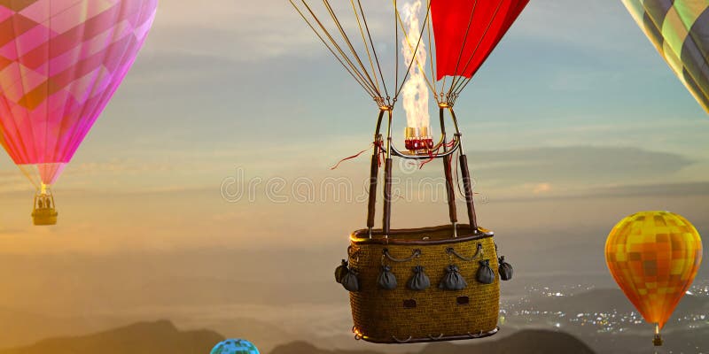 Pusty koszykowy gorące powietrze balon przygotowywa dla photomanipulation